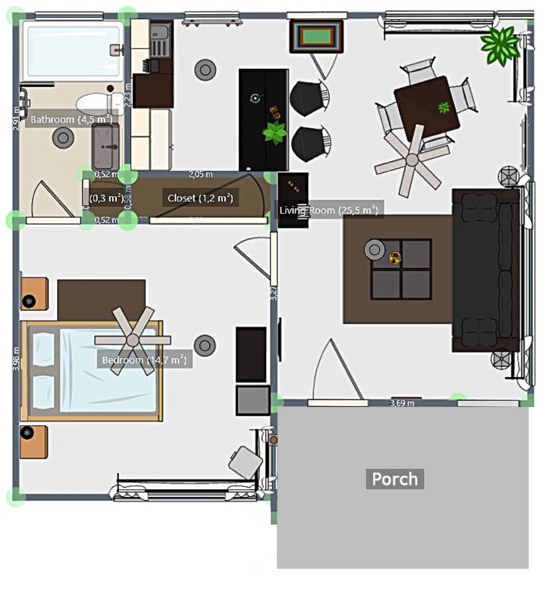 Een plattegrond van een hotelkamer, met een slaapkamer, badkamer, kast, woonkamer en een terras.