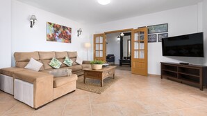Een woonkamer met een bank, een bijzettafeltje met een plant, een televisie en een deur naar een andere kamer.