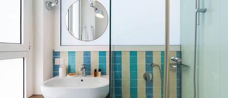 Shower, hair dryer, towels