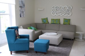 Een televisie, een open haard en boeken