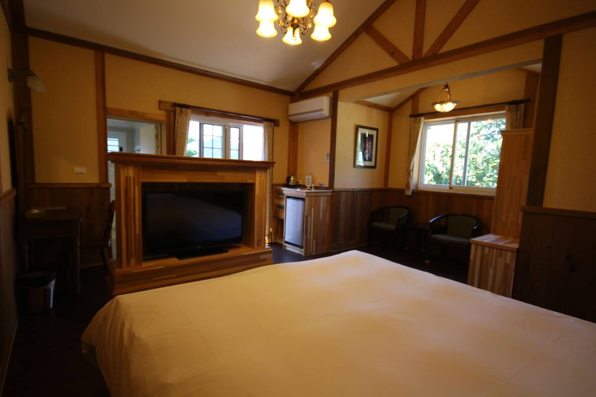Habitación de hotel con una cama grande, chimenea, televisión y escritorio con silla.