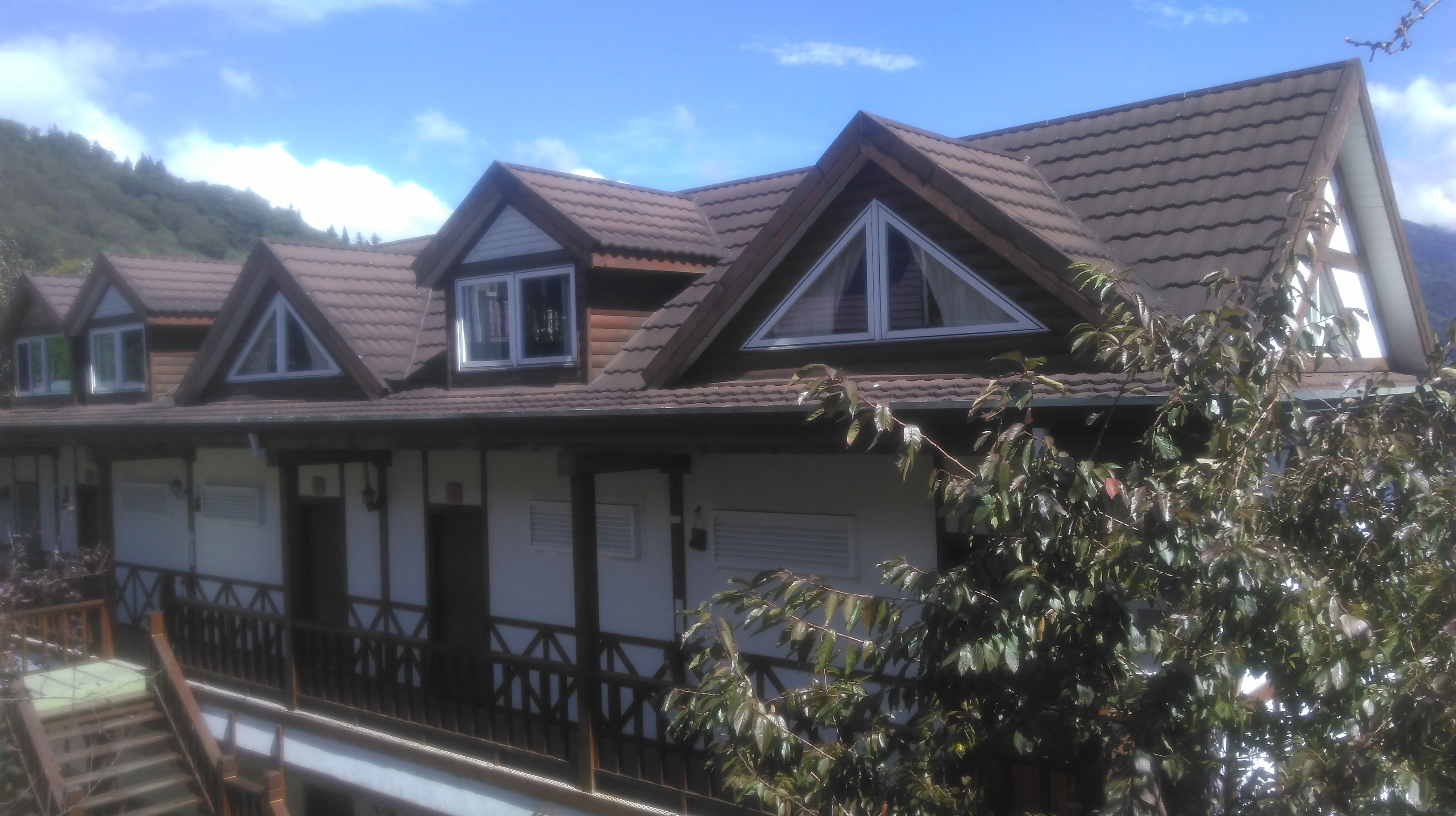 A row of chalet-style buildings with pitched roofs and dormer windows, a wooden balcony, and a view of a mountainous landscape.