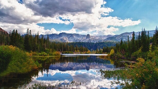 A serene lake surrounded by dense forest and mountains. - Year round fun luxury location steps to Village, close to all outdoor activities (Mammoth Lakes)