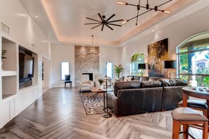 TV, fireplace, foosball, table tennis - SWSS 7BR Group Estate | Pool, Sport Court, Hot Tub, Bunkhouse & Games (Scottsdale)