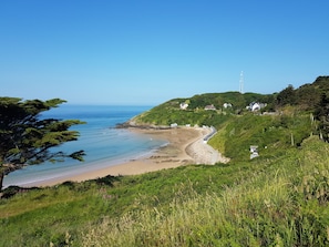 Paisagem costeira com praia, vegetação e casas.