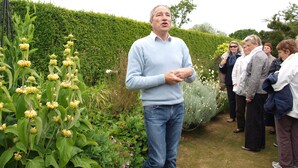 A man in a light blue sweater and jeans standing in a garden with a group of people. - the charm of Normandy between sea and countryside (Les Moitiers-D'allonne)
