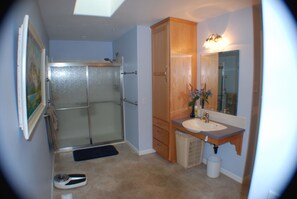 Shower, hair dryer, towels, soap