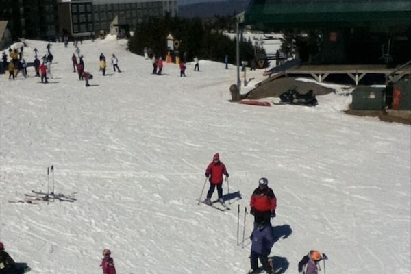 VIEW FROM BALCONY. Ballhooter Lift on right, the Village to the left.