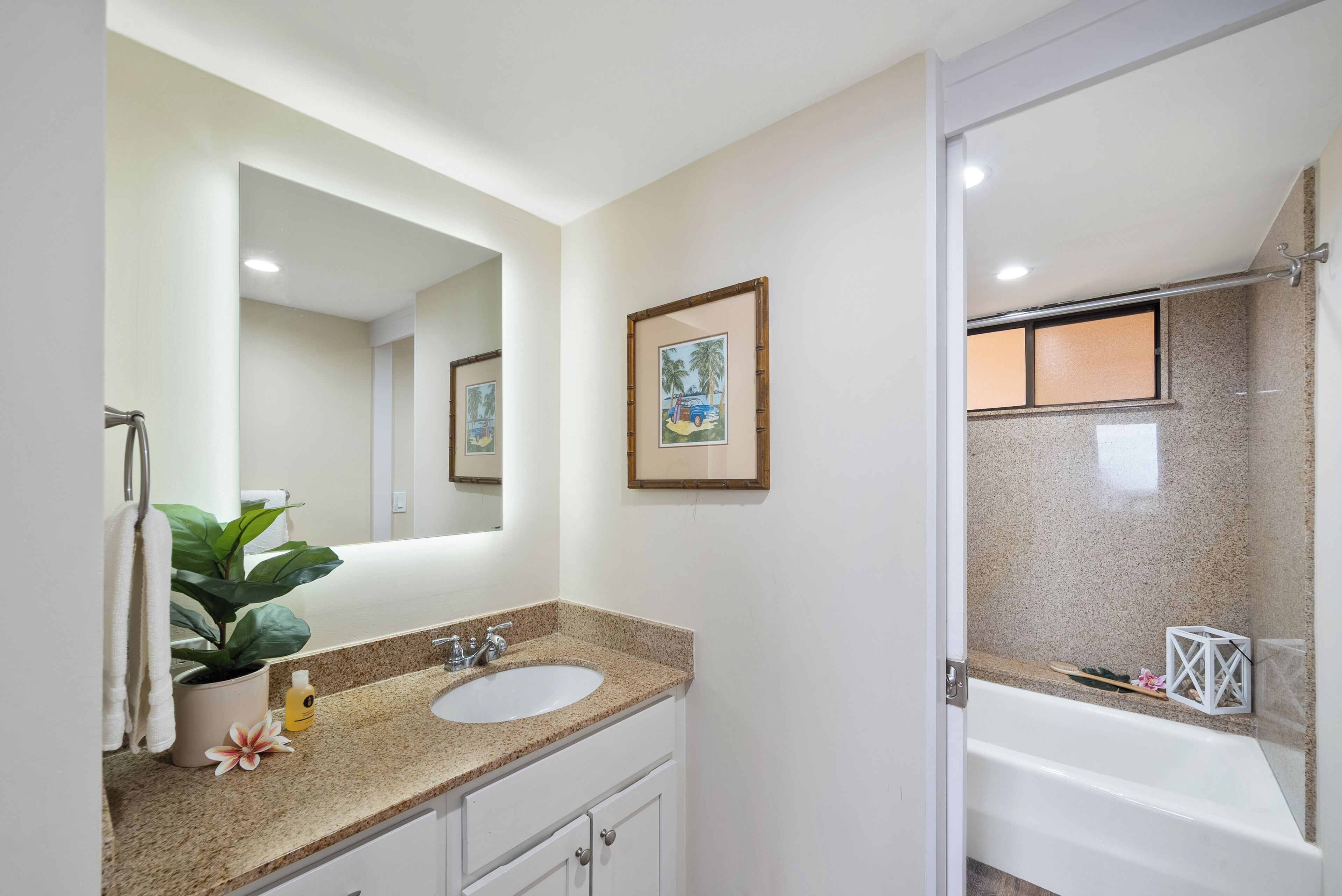 Combined shower/tub, hair dryer, towels, soap