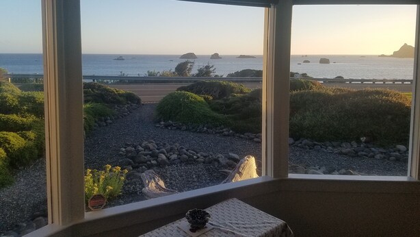 A room with a view of the sea, featuring a window with a view of the beach, rocks, and some greenery. - Beachfront Cottage with Fantastic View (Crescent City)