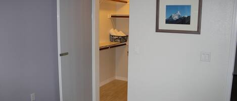Una habitación con piso de madera, una puerta blanca, un armario con repisas y un cuadro enmarcado en la pared.