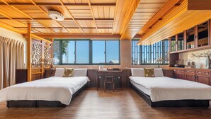 A room with two beds, a wooden ceiling, a desk, and large windows. - Jiufen The Dragon Easy Stay (New Taipei City)