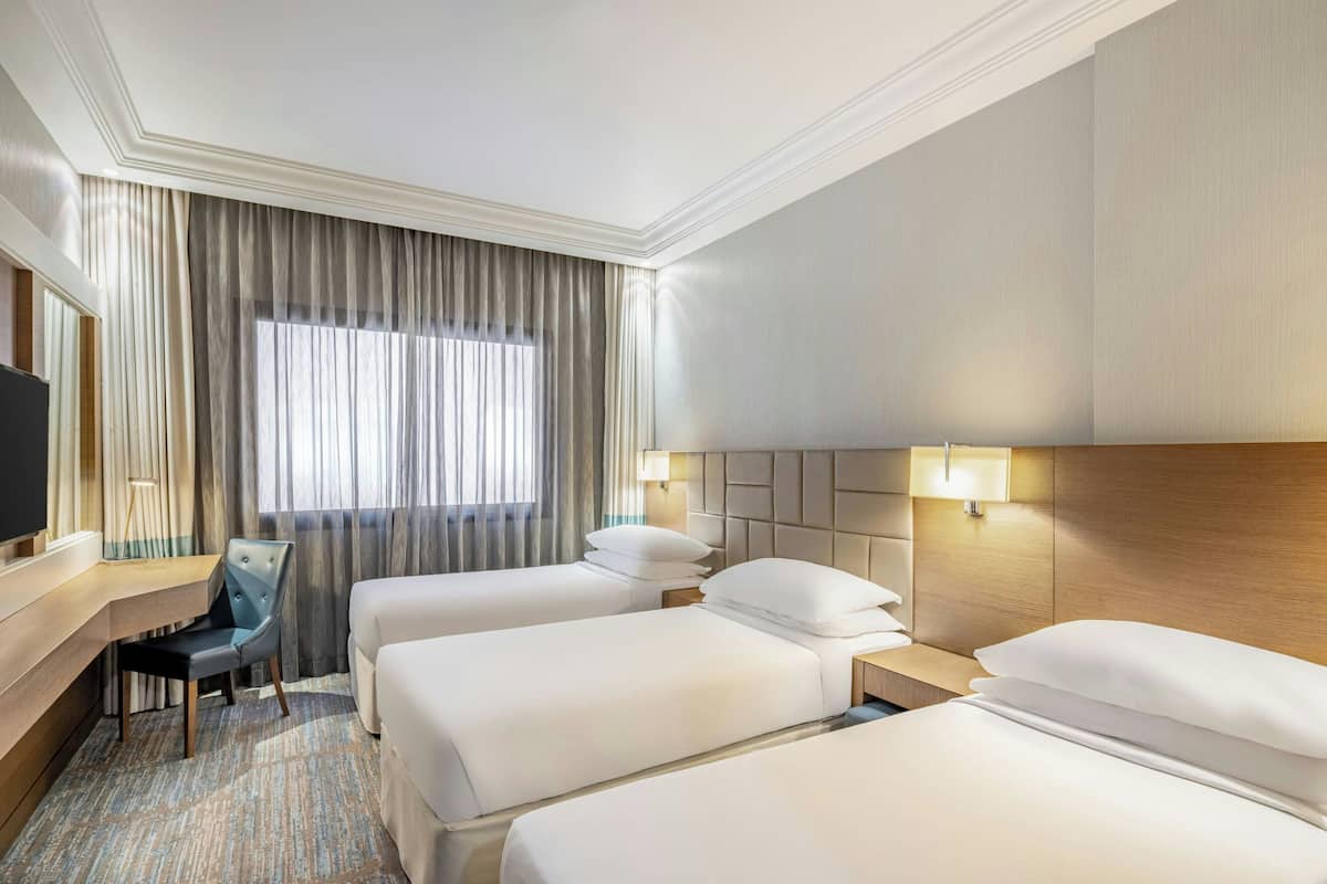 Habitación de hotel con dos camas, un escritorio, una silla, un televisor y una ventana con cortinas.