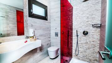 Hair dryer, towels, soap, shampoo