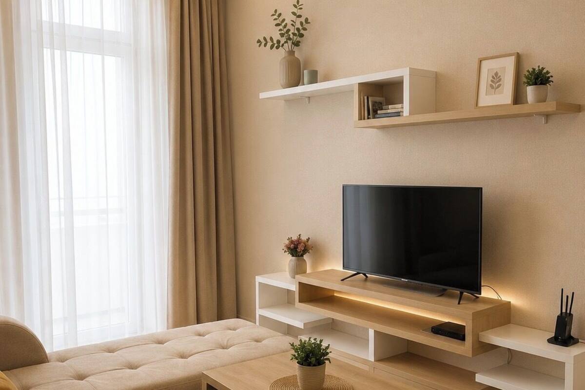 En moderne stue med et fladskærms-tv, en sofa, et sofabord og pynteting på hylder.