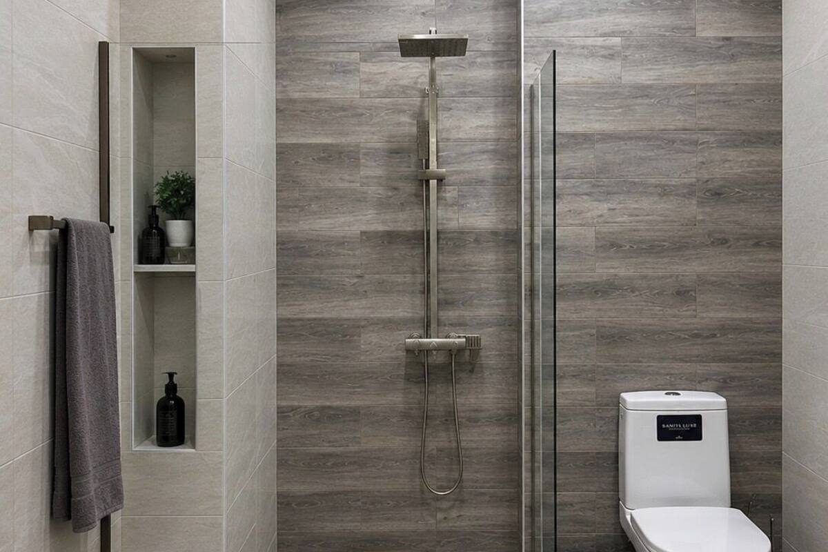 Et moderne badeværelse med bruser, toilet og et hylder med toiletartikler.