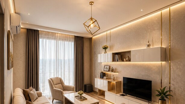 Una sala de estar moderna con un sofá, sillones, una mesa de centro, un televisor y una chimenea.