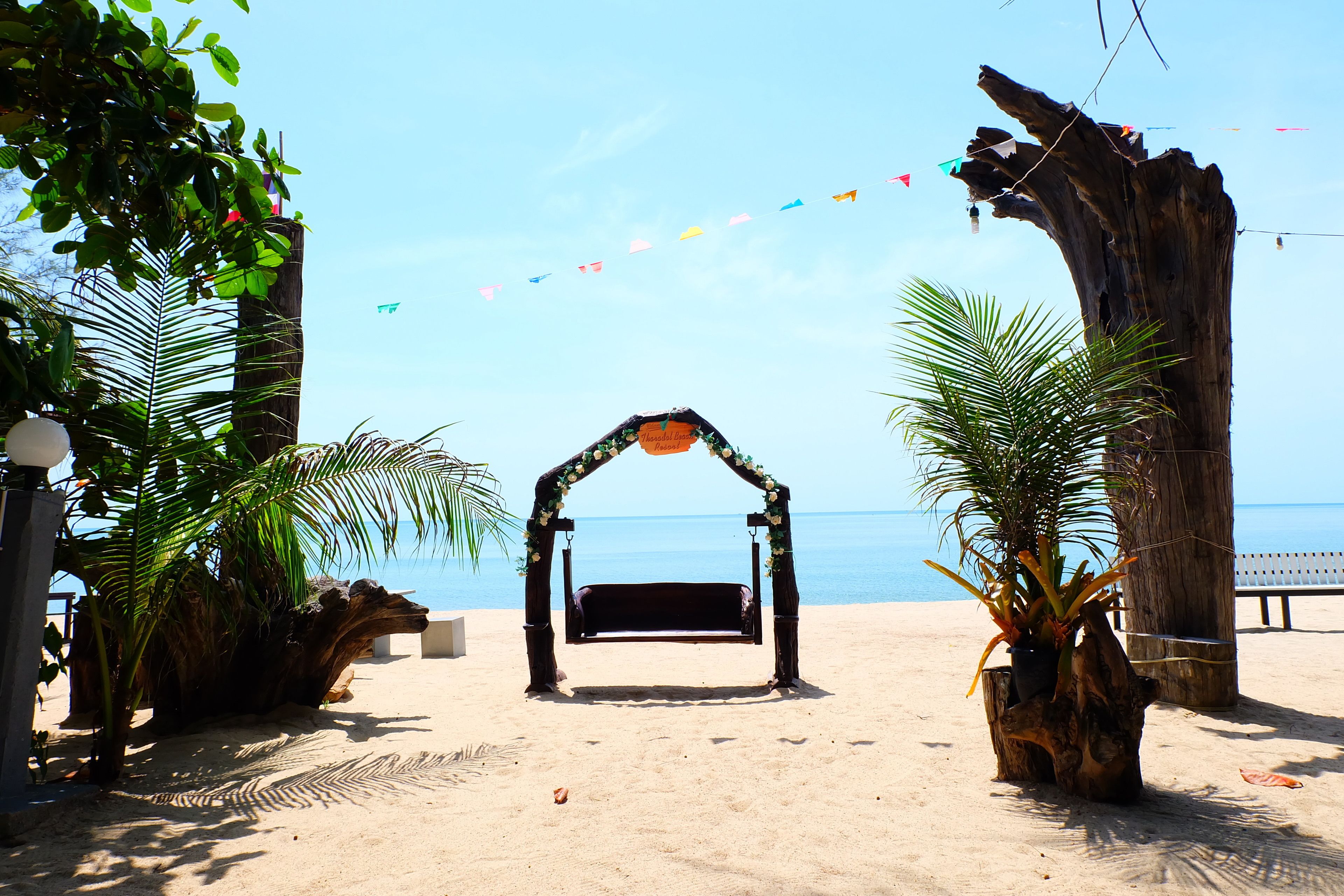 A beach wedding arch with a swing, palm trees, and a bench in the background.