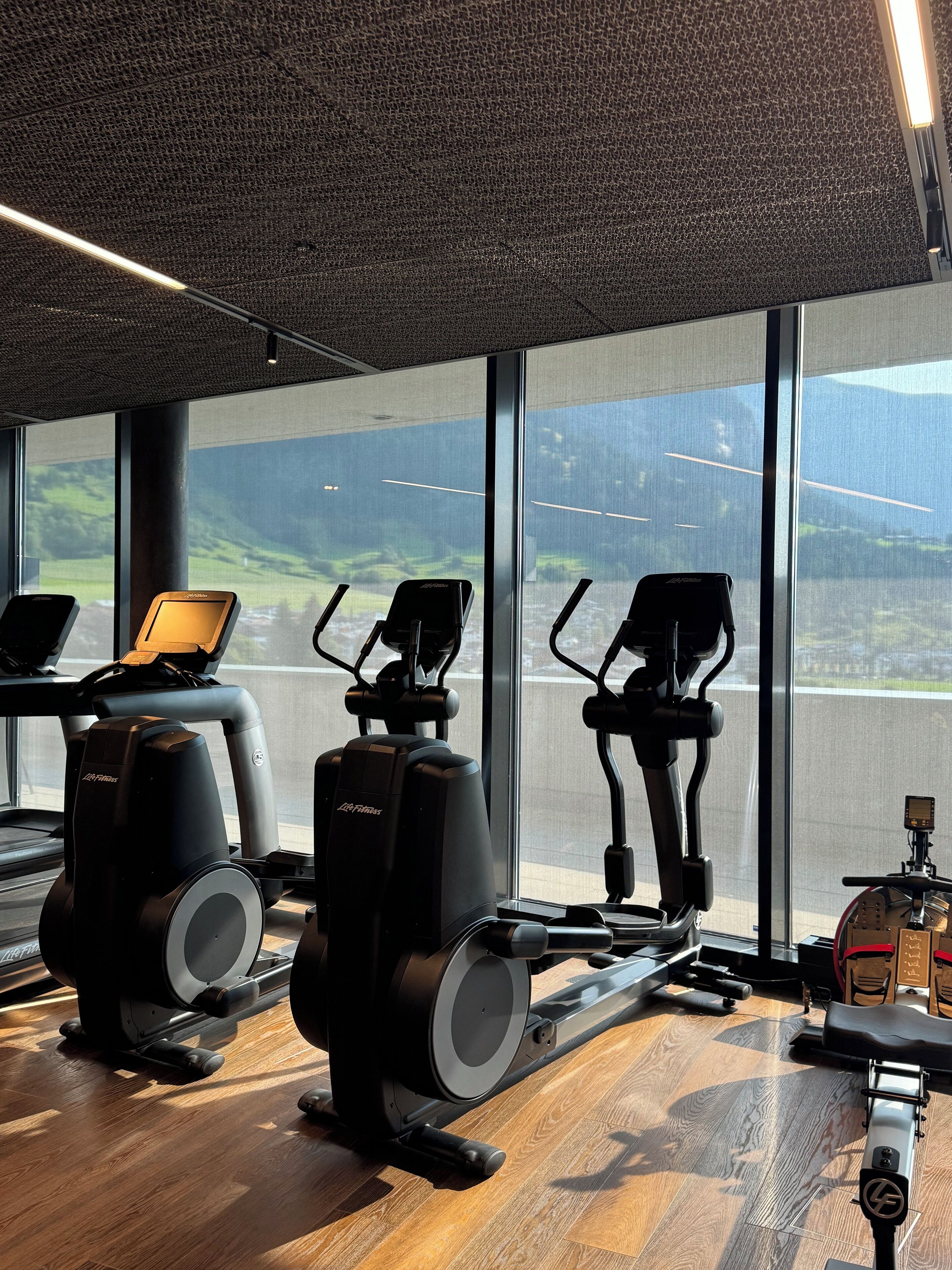 A gym with cardio machines, a treadmill, and a rowing machine.