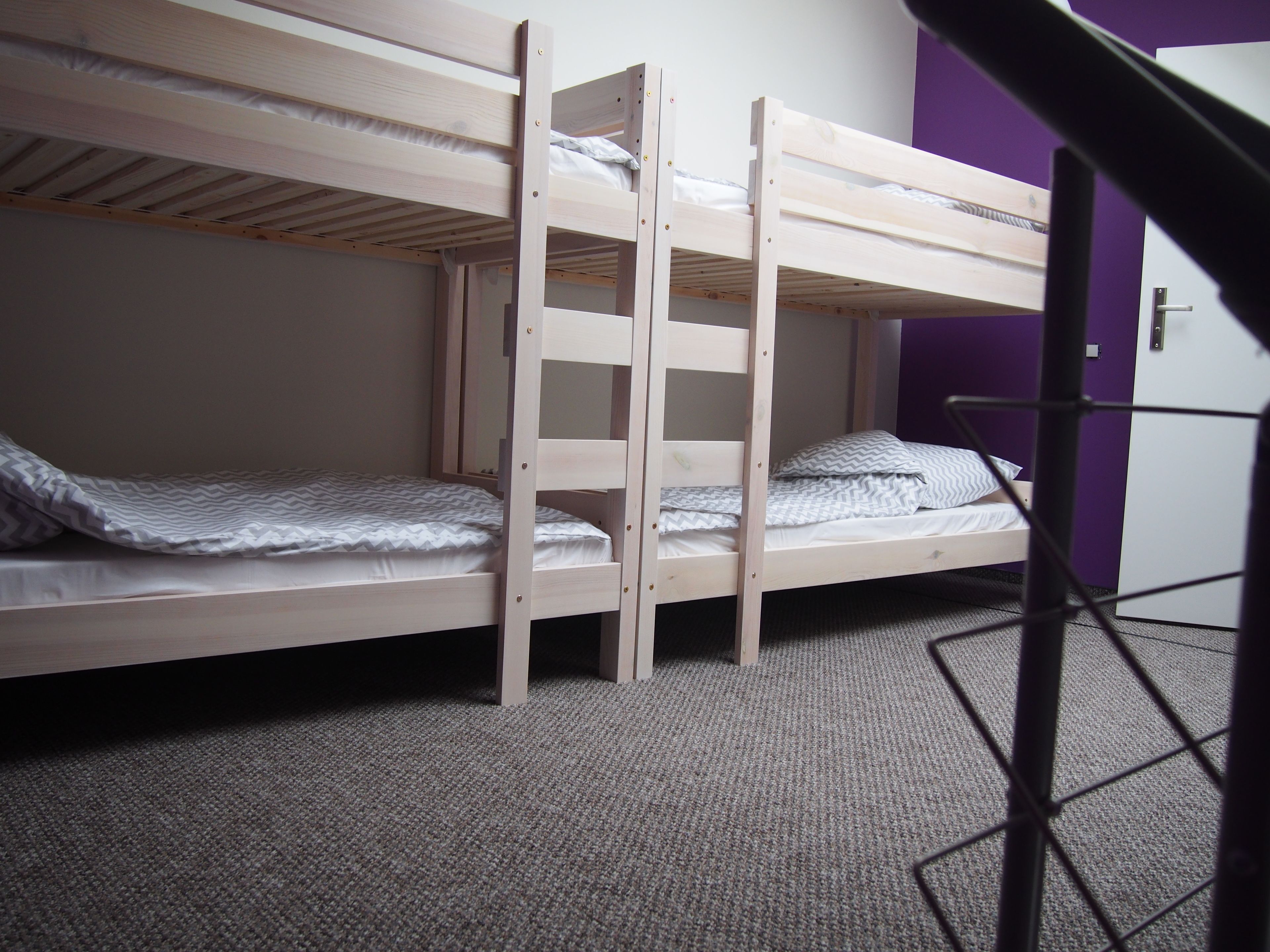 Een slaapkamer met een stapelbed, een ladder, een deur en een vloerbedekking.