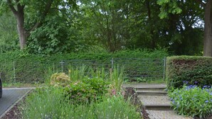 A garden area with a glass table and chairs, surrounded by a metal fence and various plants. - Ferienwohnung Schelsen (Moenchengladbach)