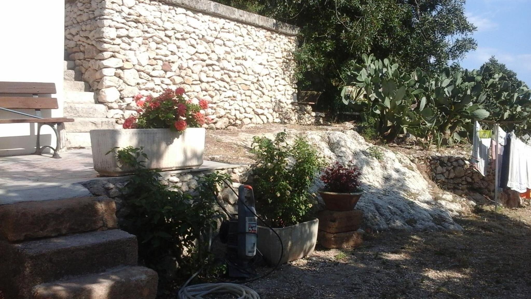 A stone wall, potted plants, a hose, and a bench.