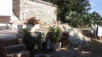 A stone wall, potted plants, a hose, and a bench.