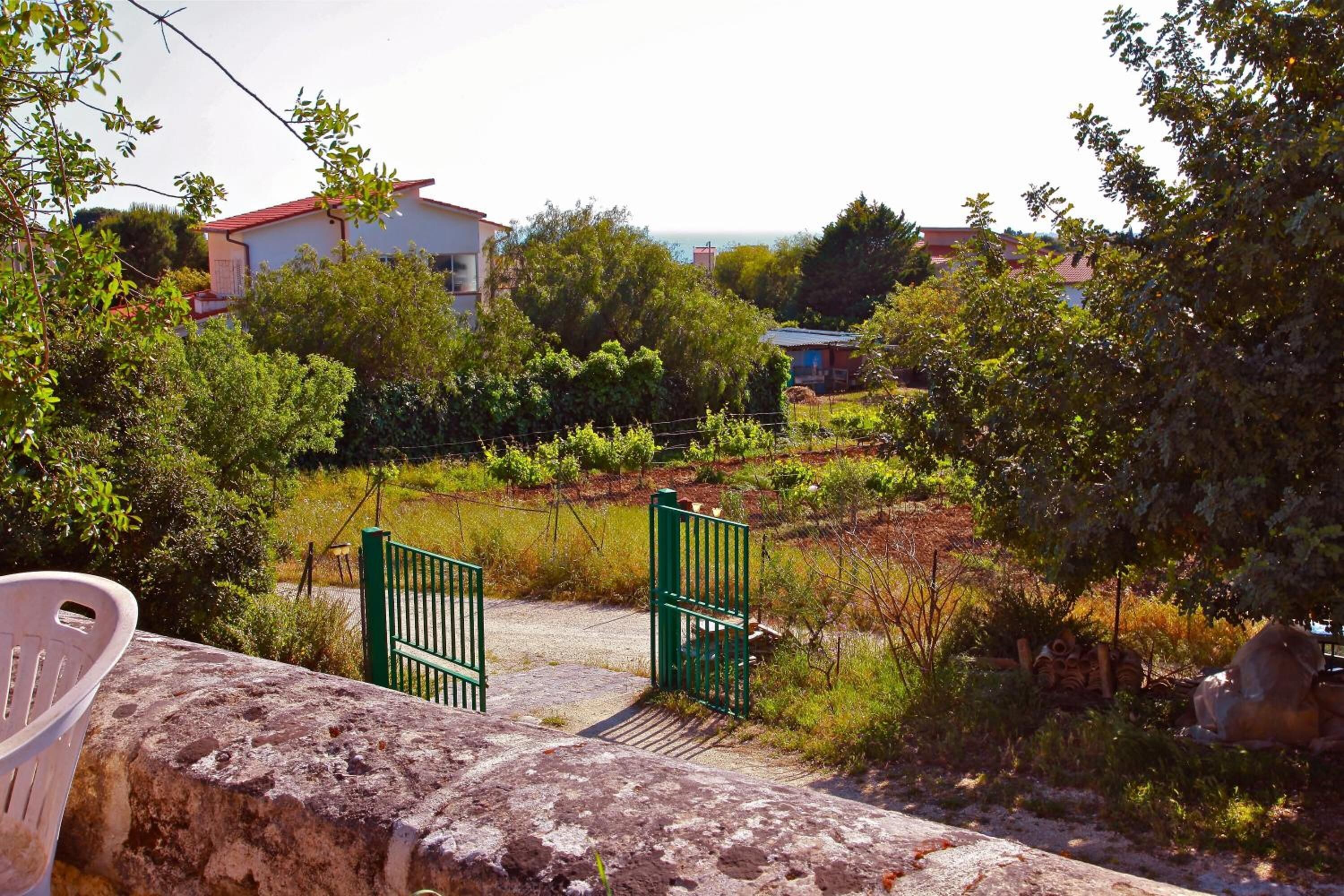Un sendero de piedra que conduce a una entrada con puerta, rodeada de follaje y con vistas a casas al fondo.