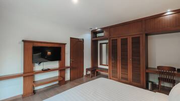 Un dormitorio con cama, televisor, escritorio, silla y armario.