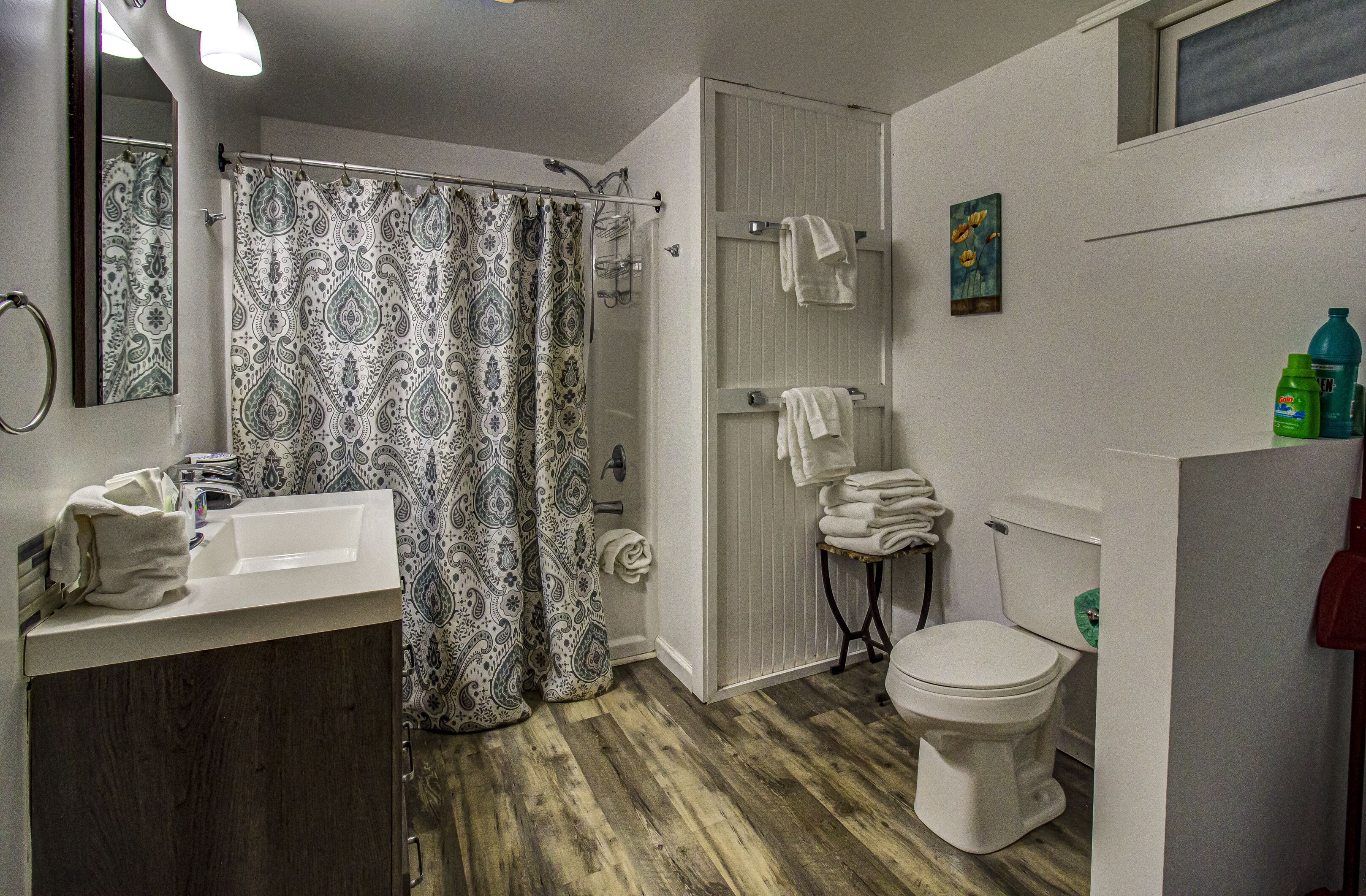 Een badkamer met een douche, toilet, wastafel en een handdoekhouder.