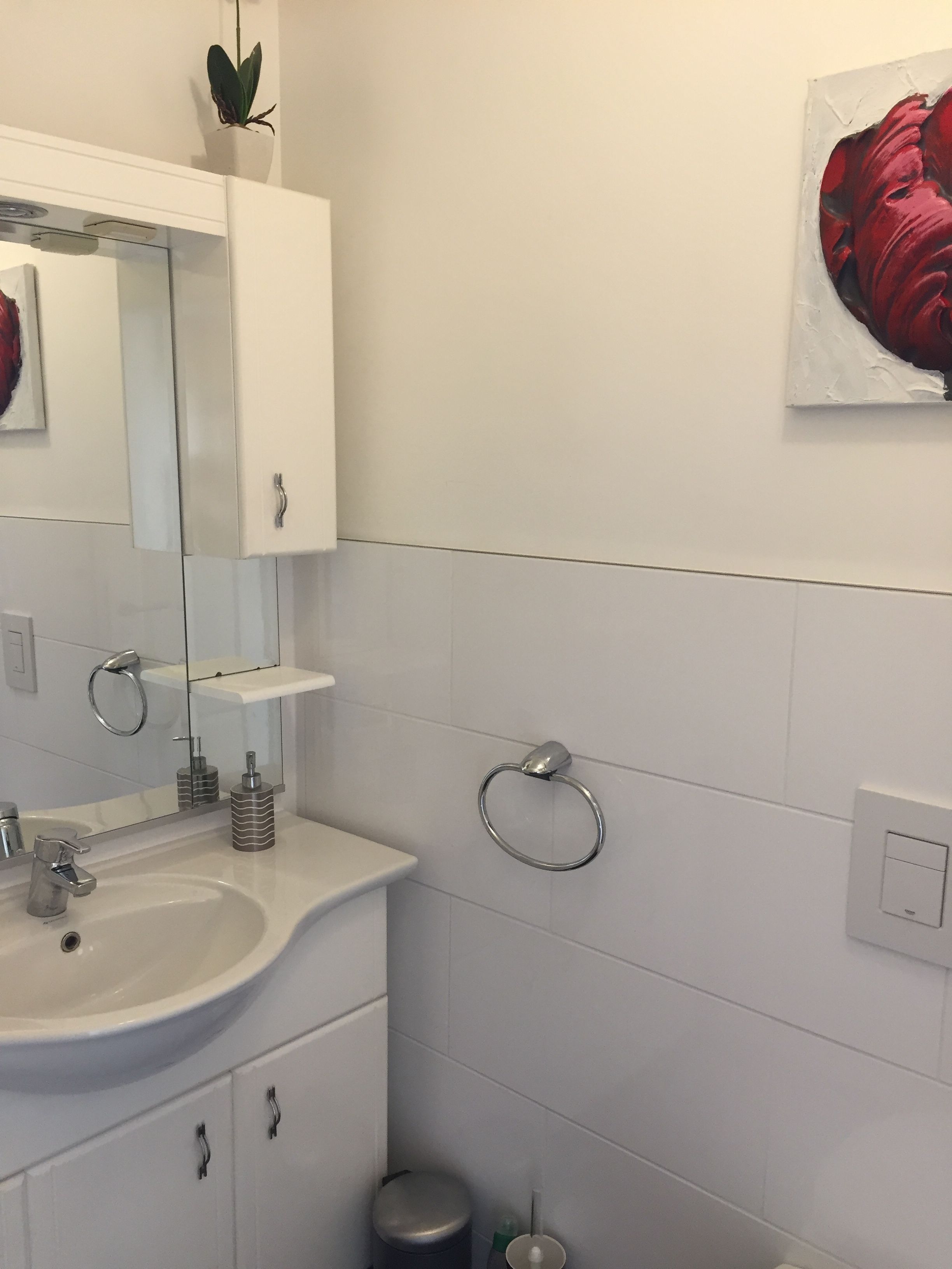 Une salle de bain moderne avec un lavabo blanc, un miroir et des armoires. Un porte-serviettes est fixé au mur, et il y a une petite poubelle.