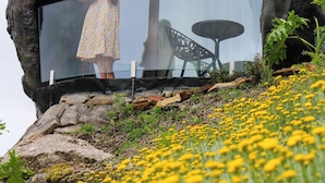 A woman standing in front of a large rock structure with a glass panel, surrounded by yellow flowers.