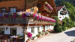 A traditional wooden building with balconies adorned with colorful flowers, a sign indicating it is a pension, and a view of a forested mountain in the background. - Gasthof Pesbichl (Goldegg)