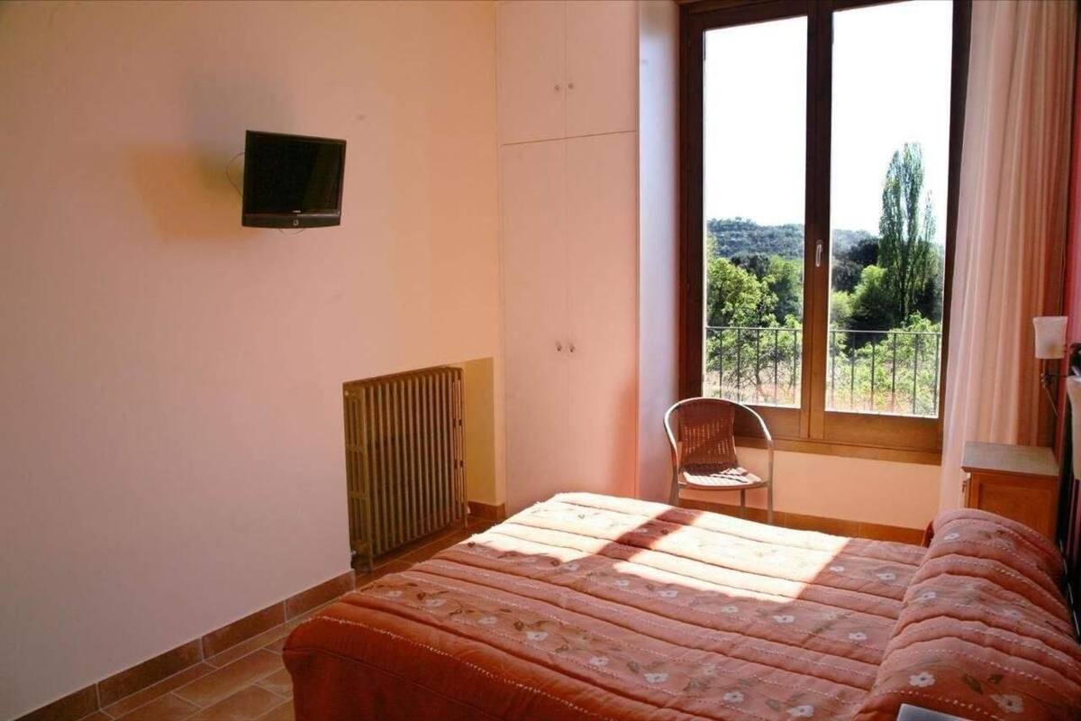 Een slaapkamer met een bed, een stoel, een radiator, een televisie en een raam met uitzicht op bomen.