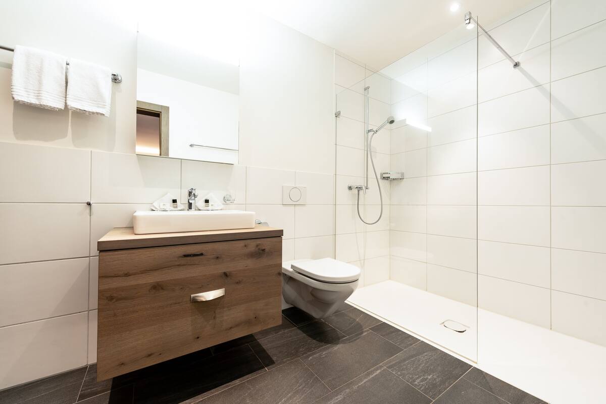 family room | bathroom | shower, free toiletries, hair dryer, towels