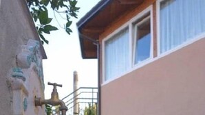 Un patio con una fuente decorativa, una planta en maceta con flores rojas y un edificio con una ventana.