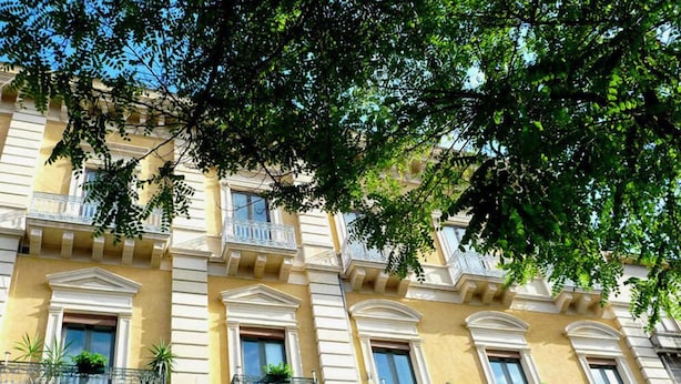 A multi-story building with balconies, windows, and a tree in the foreground. - 5 Balconi (Catania)