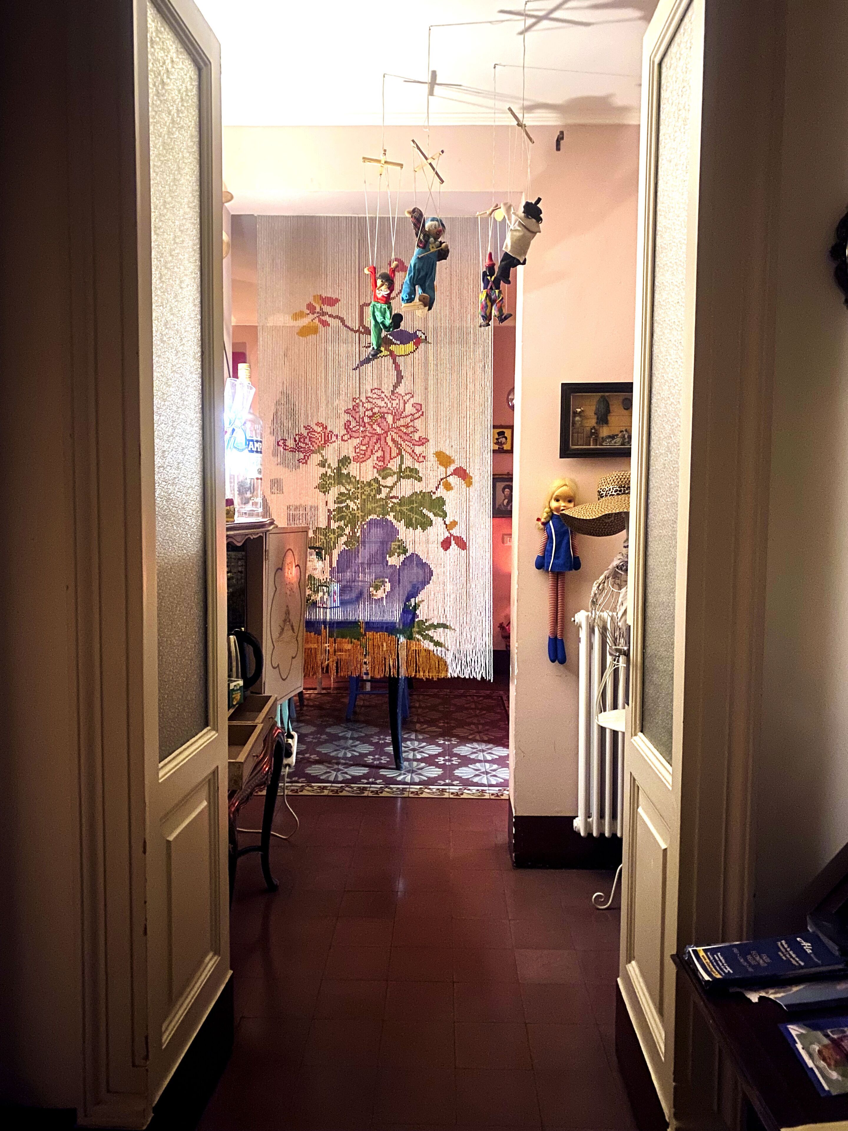 A hallway with a patterned rug, a hanging plant, and a radiator.