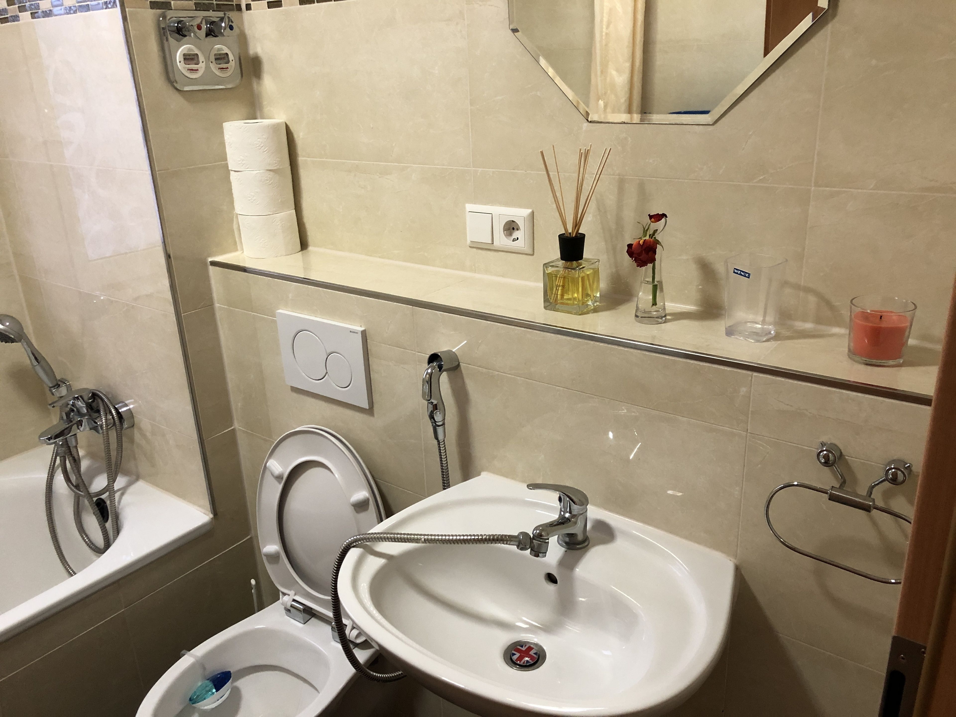 Une salle de bain avec des toilettes, un lavabo et une douche. Il y a un miroir au-dessus du lavabo et un porte-serviettes au mur.