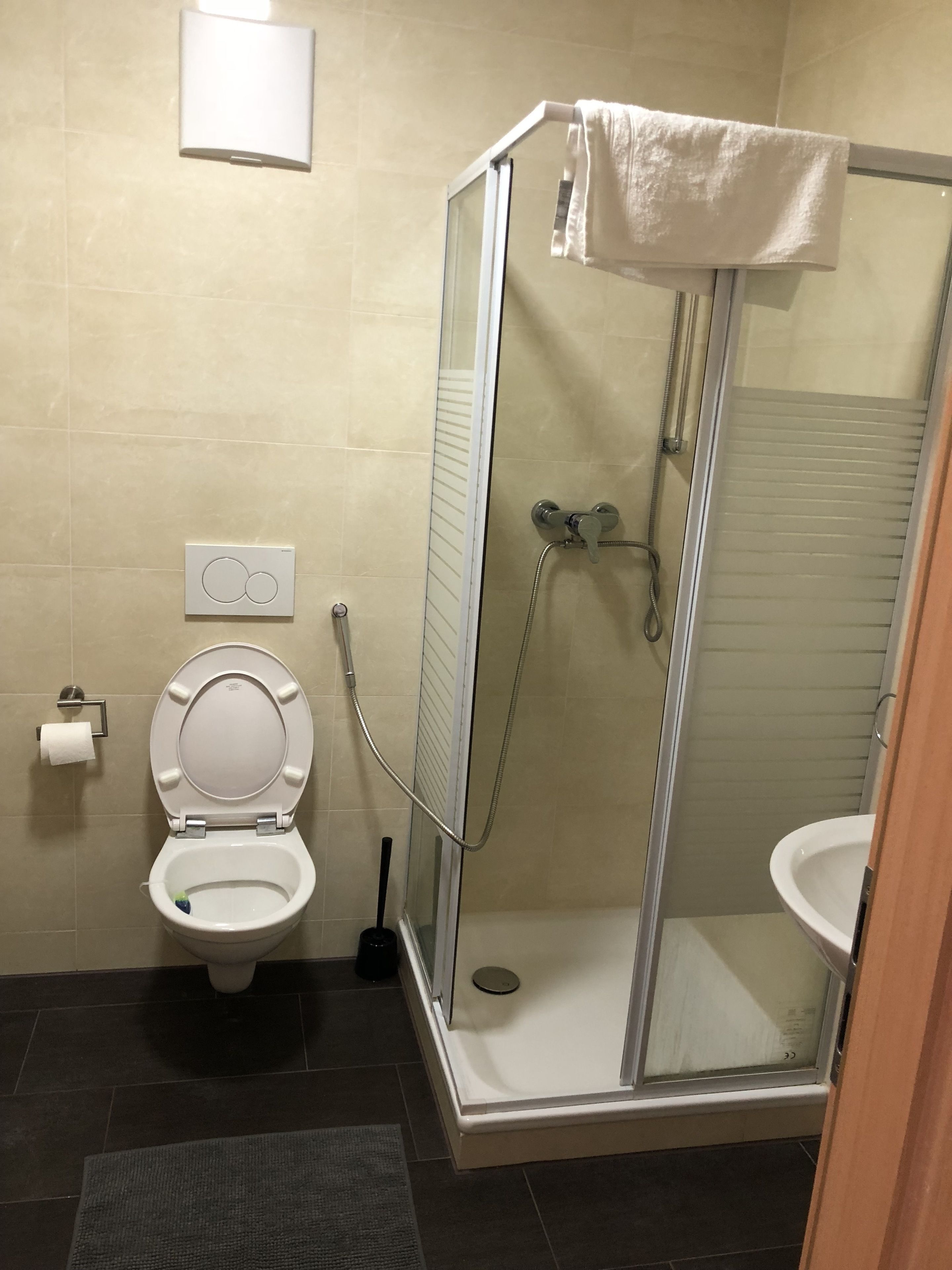 Ein Badezimmer mit Toilette, einer Duschkabine und einem Waschbecken.