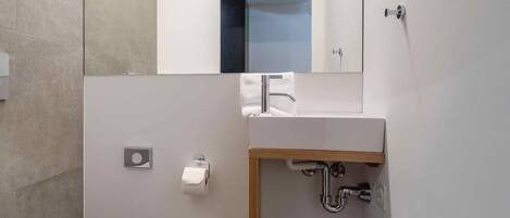 A modern bathroom with a toilet, sink, and mirror.