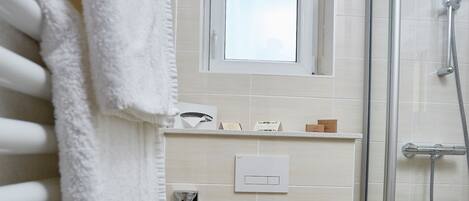 A modern bathroom with a glass-enclosed shower, a toilet, and a towel rack.