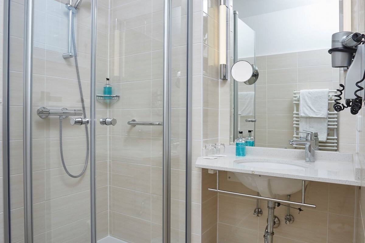 free toiletries, hair dryer, towels, soap