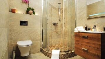 A modern bathroom with a glass-enclosed shower, a toilet, and a wooden vanity with a mirror.