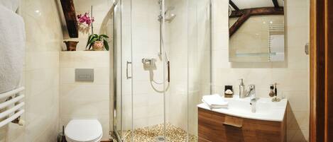 Une salle de bain moderne avec une douche à parois de verre, des toilettes blanches, un meuble-lavabo en bois et un miroir au-dessus du meuble-lavabo.