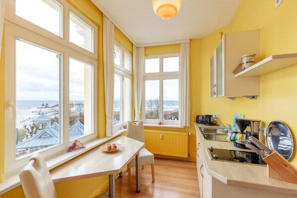 Fridge, microwave, high chair