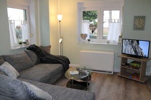 Ein Wohnzimmer mit einer Couch, einem Glastisch, einem Fernseher auf einem Schrank, einer Heizung und einem Fenster mit Vorhängen.