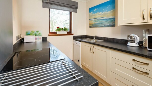 A modern kitchen with a black countertop, stainless steel appliances, and beige cabinetry. - Springfield View (North Berwick)