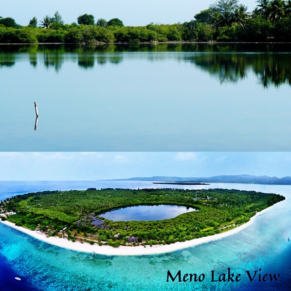 Una isla tropical con una laguna cristalina, rodeada de exuberante vegetación y una pequeña playa.