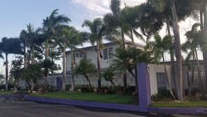 A building with a white exterior, surrounded by palm trees and a well-maintained lawn.